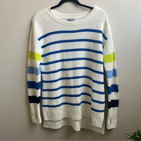 Talbots MULTI STRIPE CREWNECK HIGH-LOW SWEATER Size Small - Picture 2 of 8